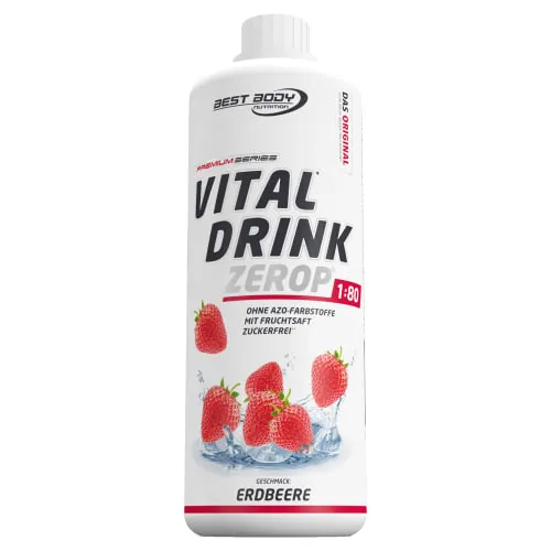 Best Body Nutrition ZEROP Vital Zuckerfreies Getränkekonzentrat Sirup Erdbeere Ohne Aspartam 1 L ergibt 80 L Getränk Fitness Drink mit Vitaminen B1 B6 Niacin Kalorienarm Wassersprudler
