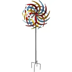 XXL Metall Windrad Tricolor - Gartendekoration in Rot, Gelb und Petrol - Windspiel aus Metall mit beeindruckender Höhe von ca. 210 cm und Ø 61 cm, bringt Farbe und Bewegung in Ihren Garten.