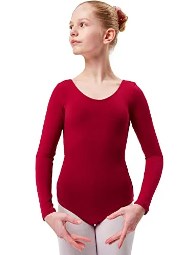 tanzmuster ® Ballettanzug Mädchen Langarm - Lilly - aus Baumwolle, Ballettbody Kinder Ballett Trikot in burgunder, Größe 116/122