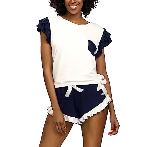 DKaren Damen Schlafanzug Set Lulu XL - Zweiteiler Damen Pyjama - Loungewear mit Kurzen Ärmeln und Shorts - Nachtwäsche Damen mit Tasche und Rüschen - Pjama Set Kurz Ecru-Marineblau