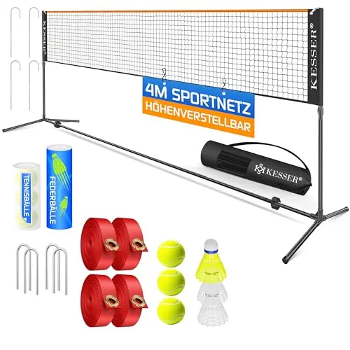 KESSER Badmintonnetz 400cm - Hochwertiges Sportnetz für Badminton und Tennis - Sportnetze aus strapazierfähigem Nylon und Eisen, ideal für Freizeit und Training, höhenverstellbar von 92 cm bis 155 cm.
