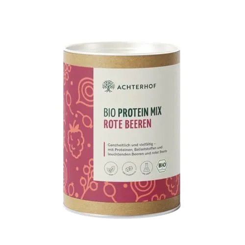 Bio Protein Mix rote Beeren 330g | Erbsen- und Reisprotein mit Beeren, Beete und Ballaststoffen | nur natürliche Zutaten in Bio-Qualität | Achterhof