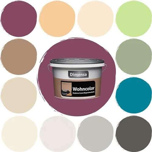 Dimensa Wohncolor bunte Wandfarbe Beere Lila Violett 2,5 Liter - Hochdeckend und Waschbeständig - Farben für alle Innenwände und Decken, hochdeckend mit Nassabrieb-Klasse 3, ideal für kreative Wohnräume. Ergiebigkeit bis zu 8qm/Liter.