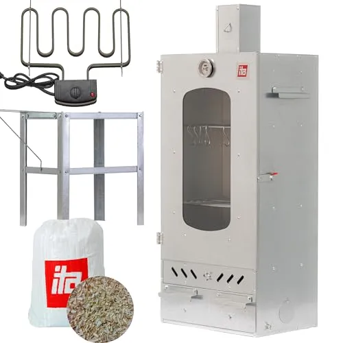 ITA Räucherofen 7012 - Premium Smoker Set mit Heizelement und Tisch - Räucherofen für Fleisch, Fisch und Gemüse, mit 3 Etagen, Sichtfenster und Kaminabzug für optimale Belüftung – Qualität Made in EU.