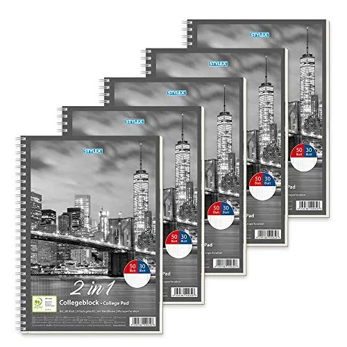 Stylex 40032-P5 DIN A4 Duo Spiral-Collegeblock - 5er Packung, kariert und liniert, ideal für Schule und Studium mit perforiertem, holzfreiem Papier