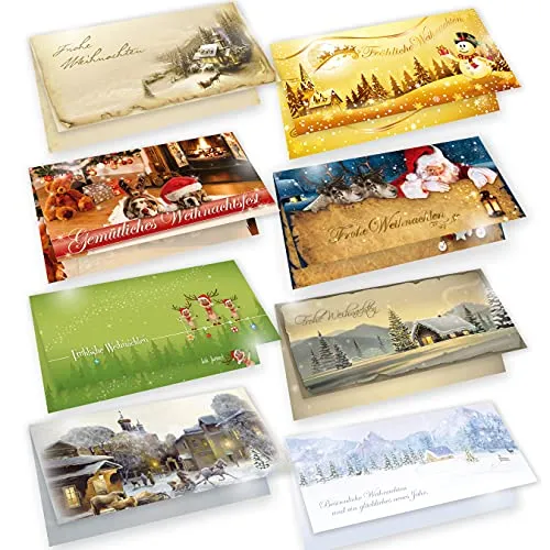 Weihnachtskarten Set mit Umschlägen, 8 Motive je 2 Karten, Frohe Weihnachten - Klappkarten für Weihnachtsgrüße
