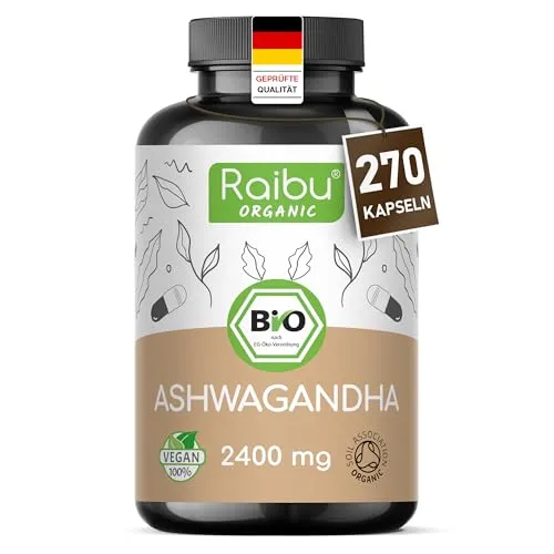 Hochdosierte Ashwagandha Kapseln BIO - 270 Kapseln mit 2400mg Tagesdosis - Ashwagandha Kapseln BIO in hoher Qualität, 2400mg pro Tagesdosis, ohne Zusätze, aus zertifiziertem Anbau in Indien, hergestellt in Deutschland.
