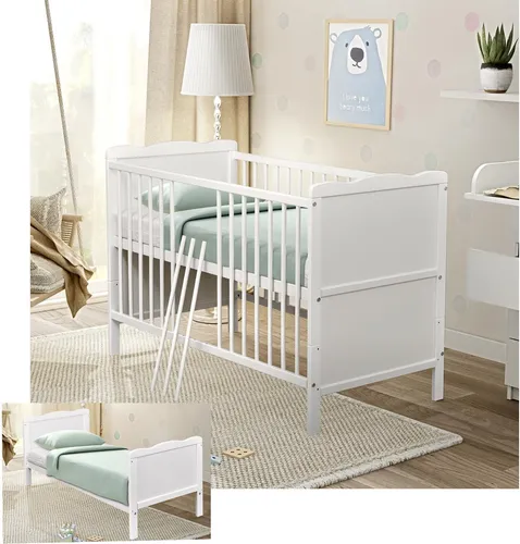 Baby-Delux Babybett Gitterbett Kinderbett Jack 140x70 Beißschienen, Kokos-Buchweizen Matratze höhenverstellbar weiß umbaubar
