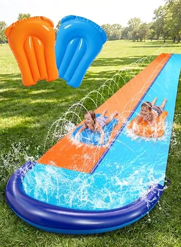 Sloosh 32,5 FT / 990,6 cm Doppel-Wasserrutsche, Rasenrutsche mit Sprinkler und 2 aufblasbaren Gleitmatten, für Garten, Hof und Rasen, Sommer-Wasserspielzeug für Kinder und Erwachsene