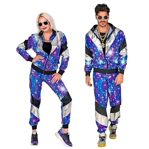 W WIDMANN MILANO Party Fashion - 80er Jahre Disco Trainingsanzug - Kostüm-Outfit für Erwachsene im Retro-Style mit metallisierten Streifen, ideal für Fasching oder Disco-Partys, Größe L, für Herren und Damen geeignet.
