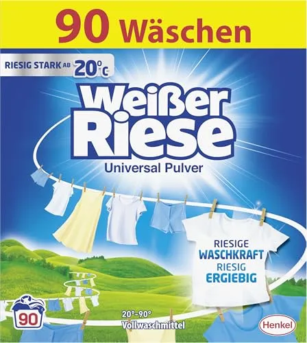 Weißer-Riese Waschmittel Universal Vollwaschmittel Pulver, 4,5 kg - Universal Vollwaschmittel für strahlend weißes und hygienisch frisches Waschen. Entfernt hartnäckige Flecken bei niedrigen Temperaturen von 20°C bis 95°C. Ideal für 90 Waschladungen.