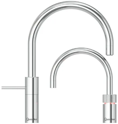QUOOKER Nordic Round Twintaps mit PRO3 Reservoir & CUBE - 7 Jahre Garantie - Armaturen für Küche: Set aus Mischbatterie und höhenverstellbarem Kochend-Wasserhahn, inkl. 3 Liter Reservoir und sprudelndem Wasser. Ideal für moderne Küchen!