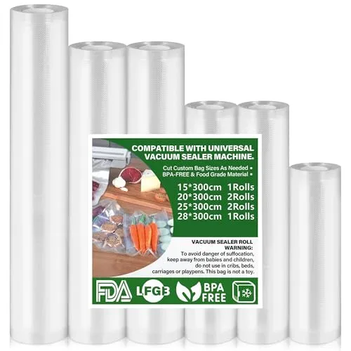 Vakuumierbeutel 6 Rollen - BPA-frei und reißfest für alle Vakuumiergeräte - Hochwertige Vakuumierbeutel in 4 Größen (15/20/25/28cm), ideal für die Aufbewahrung von Lebensmitteln. Robuste Qualität mit 190µm Dicke, perfekt für Sous Vide und Mikrowelle. 6 Rollen für flexibles Portionieren.