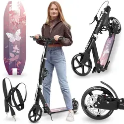 HyperMotion Doppelrad-Scooter für Jugend und Erwachsene, Pink - E-Scooter mit Stoßdämpfer und großen Rädern, belastbar bis 100 kg und ab 6 Jahren geeignet. Faltbar und mit Tragegurt für einfache Mobilität, ideal für alle Altersgruppen.