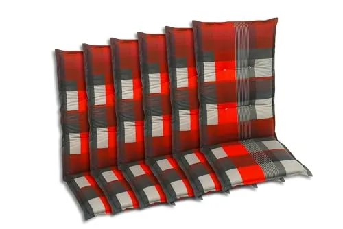 GO-DE Polsterauflagen für Hochlehner-Gartenstühle (6er-Set, Karo rot) - Bequeme Polsterauflagen im 6er-Set für Hochlehner-Gartenstühle. Maße: 120 x 50 x 7 cm. Die Füllung sorgt für hohen Sitzkomfort und der UV-beständige Stoff garantiert Langlebigkeit. Ideal für entspannte Stunden im Garten.