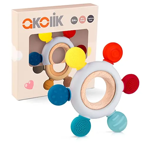 akolik Beißring Baby, BPA-frei Zahnungshilfe aus Silikon, Baby Spielzeug ab 0 3 6 9 12 Monate, Beissring Babys, Ruder Greifling Beißspielzeug, Erstausstattung Neugeborene, Geschenk Mädchen Junge