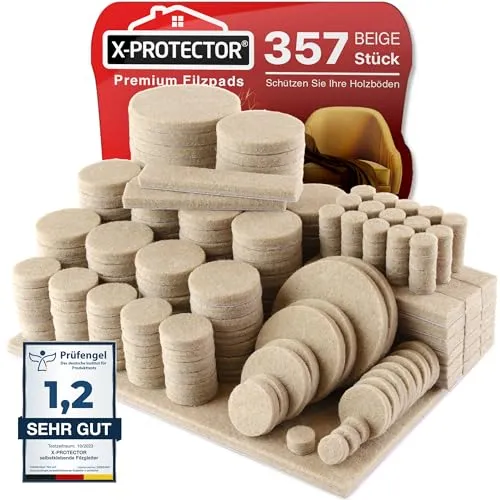 X-Protector Filzgleiter 357 Stück - Prämie Möbelgleiter Beige - Dicker Filz Selbstklebend - Bodenschoner für Stühle - Große Menge an Filzgleiter Selbstklebend - Schützen Sie Ihre Holzfußböden