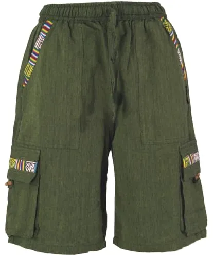 GURU SHOP Ethno Yogashorts im Goastyle - Olive, Herren, Size:M - Leichte, bequeme Yogashorts aus Baumwolle für Herren. Mit elastischem Bund und mehreren Taschen für ausreichend Stauraum. Ideal für entspannte Tage und aktive Freizeit.