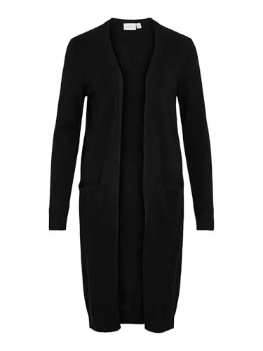 Vila Clothes Damen Strickjacke VIRIL L/S Long Knit Cardigan - Einfarbig Schwarz - Elegante lange Strickjacke mit Taschen, perfekt für einen lässigen Look und ideal für jede Jahreszeit.