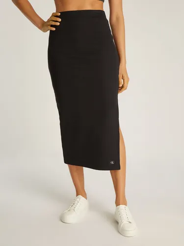 Calvin Klein Jeans Midirock WOVEN LABEL RIB SKIRT - Bleistiftröcke mit elastischem Bund und figurbetonter Passform, ideal für einen lässigen Look. Der Beinschlitz sorgt für Bewegungsfreiheit und Stil.