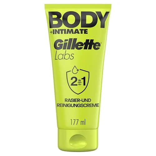Gillette Labs Body + Intimate 2 in 1 Rasier- und Reinigungscreme, 177ml – Sanfte Pflege für Herren - Die Gillette Labs Body + Intimate 2 in 1 Rasier- und Reinigungscreme reinigt sanft und bereitet die Haut optimal auf die Rasur vor. Mit Aloe Vera für ein erfrischendes Gefühl und weniger Reizungen.