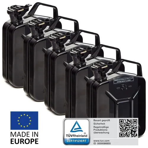 BW Benzinkanister Metall 5L - TÜV-geprüfter Kraftstoffkanister, Schwarz RAL 9005 - Benzinkanister aus pulverbeschichtetem Stahl mit UN-Zulassung für höchste Sicherheit. Ideal für Benzin, Diesel und 2-Takt-Gemische. Praktischer Ausgießer für schnelles Betanken.