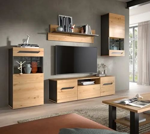 Moderne Wohnwand Caserta in Basalt Grau & Artisan Eiche – 253x196x40cm - Entdecken Sie die stilvolle Wohnwand Caserta! Mit zwei Vitrinen, einem Lowboard und einem Wandboard bietet sie viel Platz für Ihre Deko und Technik. Pflegeleichte Oberflächen sorgen für einfache Reinigung.