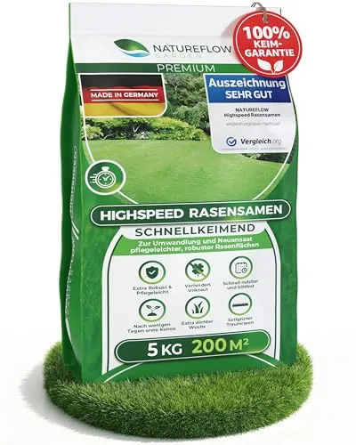 Rasensamen schnellkeimend Frühjahr 5kg – TEST SEHR GUT – Grassamen schnellkeimend Rasen Nachsaat Made in Germany – Rasensaat 200qm - Rasensamen Frühjahr Samen von Natureflow