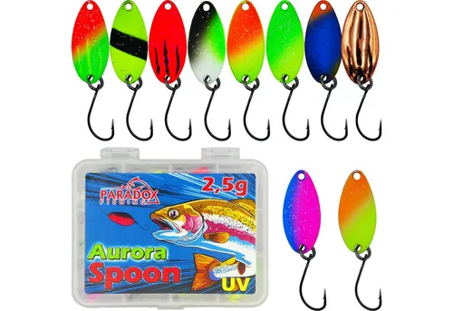 Paradox Fishing Kunstköder Forellen Spoon Sets 2,0g/2,5g/3,0g – 10 Stück mit Box - Vielseitiges Set mit 10 UV-aktiven Spoons in verschiedenen Gewichten und Farben, ideal für den gezielten Fang von Forellen. Inklusive praktischer Box und 5 Snaps für einfachen Transport.