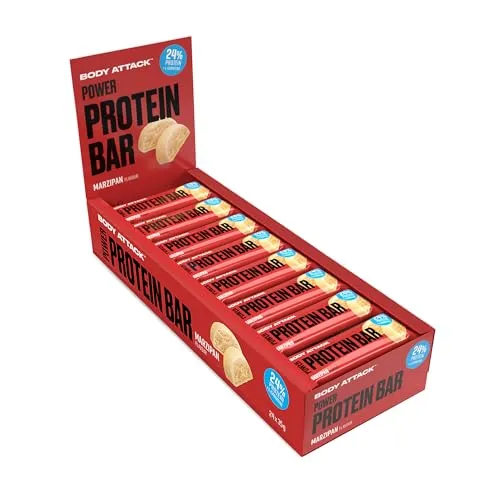 Body Attack Proteinriegel - Marzipan, 24 x 35 g - Proteinriegel mit 25% hochwertigem Milcheiweiß, ideal für Sportler und Figurbewusste. Nur rund 140 kcal, fettarm und ohne Aspartam - die perfekte Diät-Snack-Option!