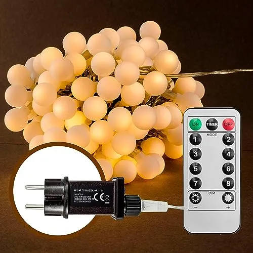 X4-LIFE 120 LED Kugeln Lichterkette, Warmweiß, 17 m - Dekorative 120 LED Kugeln Lichterkette, 17 m lang, mit 8 Lichtmodi und Timer. Ideal für Balkon, Garten oder Innenräume. Einfache Steuerung per Fernbedienung. Perfekte Stimmung für jede Gelegenheit.