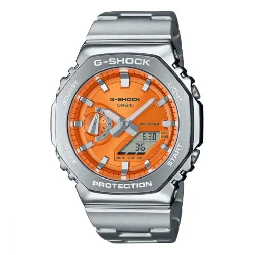 Casio G-Shock GM-2110D-4AER - Edelstahl Armbanduhr Silber/Orange - Chronograph mit Weltzeitfunktion und 20 ATM Wasserdichtigkeit, ideal für Sportler und Abenteurer. Die LED-Hintergrundbeleuchtung sorgt für optimale Ablesbarkeit in dunklen Umgebungen.