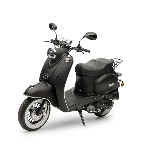 Retro Motorroller MiniMe 50ccm - Schwarz-Matt - Elektroscooter mit eleganten Weißwandreifen für komfortables Fahren und moderner LED-Beleuchtung für optimale Sicherheit. Ideal für entspanntes Cruisen mit 25 km/h.