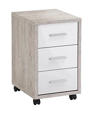 FMD furniture Rollcontainer Sandeiche/Hochglanz-Weiß - Praktischer Rollcontainer aus strapazierfähiger Spanplatte mit hochwertiger Hochglanz-Oberfläche. Ideal für Büros, leicht zu reinigen und platzsparend.