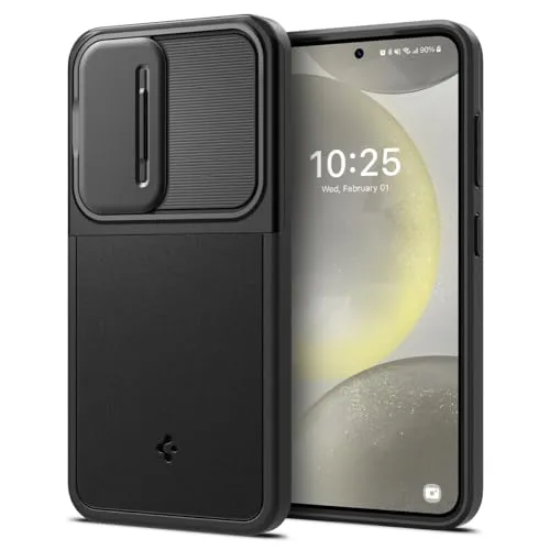 Spigen Optik Armor Hülle für Samsung Galaxy S24 - Schwarz - Standard Handyhüllen mit innovativer Snap Lens Protection Technologie für optimalen Kameraschutz und zusätzlichen Eckschutz durch Air Cushion Technologie.