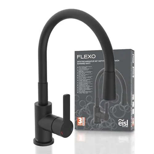EISL Flexo Schwarz Flexible Spültischarmatur - Berührbare Wasserhähne für die Küche mit 360 Grad schwenkbarem, biegsamem Soft-Touch-Schlauch für flexibles Arbeiten und energiesparender Cold-Start-Funktion.