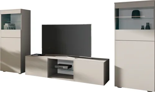 Wohnwand BORCHARDT MÖBEL "Scala" – 3-teilig mit Vitrinen und Lowboard, kaschmir - Moderne 3-teilige TV-Wand, Made in Germany. Mit eleganten Vitrinen und praktischem Lowboard für optimalen Stauraum. Hochwertige Oberflächen und einfache Selbstmontage.
