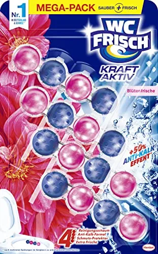 WC Frisch Kraft-Aktiv WC-Duftspüler Blütenfrische, 4x50g - Der WC Frisch Kraft-Aktiv Duftspüler sorgt für effektive Reinigung und Frische. Mit seiner 4-fach Aktivstoff-Kombination bekämpft er Kalk und Schmutz, ideal für eine gründliche Pflege und ansprechendes Design.