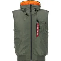 ALPHA INDUSTRIES Hooded MA-1 Vest Herren S - Herren-Weste in sage-green mit Kapuze und orangefarbenem Futter, ideal für den Alltag. Leicht gefüttert und mit praktischen Seitentaschen ausgestattet.
