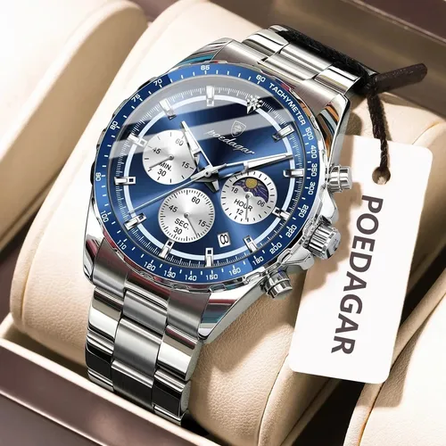 Herren Luxus Militär-Chronograph Armbanduhr aus Edelstahl - Elegante Armbanduhr für Herren im sportlichen Military-Stil. Robustes Edelstahl-Gehäuse und Armband bieten Langlebigkeit und Komfort im Alltag.