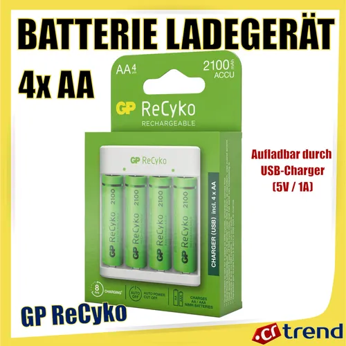 Portable USB Ladegerät - aufladbare Akku AA oder AAA + 4x GP ReCyko 2100 mAh