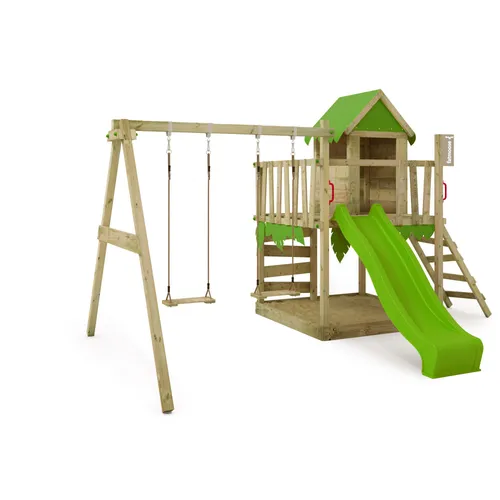 FATMOOSE Klettergerüst JazzyJungle Jam XXL – Spielturm mit Schaukel und Wellenrutsche - Outdoor-Spielhaus für aktive Kinder, extrem witterungsbeständig mit 10 Jahren Garantie – ideal für kleine Entdecker und Rollenspiele.