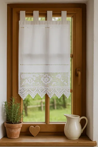 Fenstervorhang aus Baumwolle mit handgehäkelter Spitze – Vintage-Look 30x45 cm - Klassischer Bistro-Vorhang für die Küche. Handgehäkelte Spitze und durchscheinendes Material sorgen für eine gemütliche Atmosphäre. Pflegeleicht und ideal für Fensterrahmenmontage.