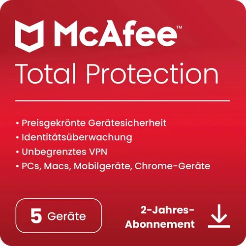 McAfee Total Protection inkl. VPN für 5 Geräte - 2 Jahre - Umfassende Internet-Sicherheit für bis zu 5 Geräte. Schützen Sie Ihre Daten mit McAfee Total Protection und genießen Sie anonymes Surfen dank integriertem VPN.