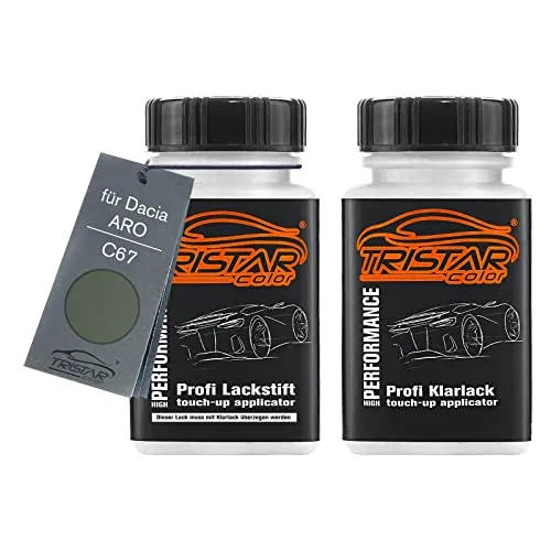 TRISTARcolor Autolack Lackstift Set für Dacia/ARO C67 Gris Olive Nacre Metallic/Thymian Grün Perl Basislack Klarlack je 50ml