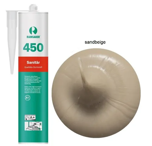 Ramsauer Dichtstoff Ramsauer 450 Sanitär Silikon Dichtstoff 310ml Kartusche sandbeige, gebrauchsfertig, chemisch widerstandsfähig, schnellhärtend, UV-beständig, pilzhemmend