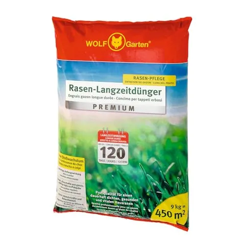 WOLF-Garten Rasenlangzeitdünger "Premium" 450 m² - Extralanger Rasenlangzeitdünger für 120 Tage, sorgt für einen gesunden, dichten Rasen ohne Stoßwachstum. Ideal für Flächen bis 450 m², einfach anzuwenden und effektiv in der Nährstoffabgabe.
