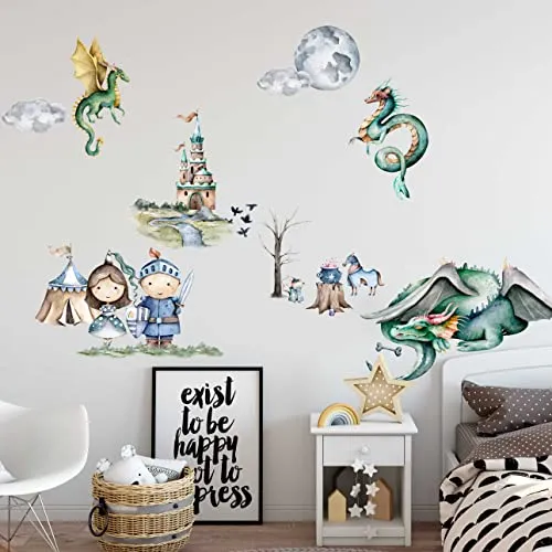 WANDKIND Ritter und Drache Wandtattoo für Kinderzimmer | Handgezeichnete Wanddeko (40 x 40 cm) - Gestalten Sie das Kinderzimmer mit unserem handgezeichneten Wandtattoo von WANDKIND. Einfach anzubringen, ungiftige Materialien und MADE IN GERMANY – ideal für kreative Räume!