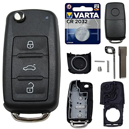 Repair Reparatur Satz für VW Schlüssel mit 3 Tasten - Komplettes Set zur Schlüsselreparatur für VW-Modelle wie Golf, Polo und Tiguan. Enthält Gehäuse, Rohling und Batterie – ideal für den Austausch und die Pflege Ihres Autoschlüssels.
