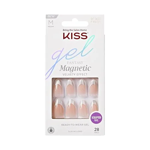 KISS Gel Fantasy Magnetic "North Coast" Nude Silber French Mittellang Mandel Coffin Form - 28 Press On Kunst-Nägel in Salonqualität zum Aufkleben DIY, 2g Nagelkleber, 1 Maniküre-Stäbchen, 1 Mini-Feile
